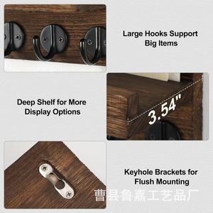 Wooden Wall-Mounted Storage Rack With Large <b>Hooks</b> And Deep <b>Shelf</b> For Entryway Key And Household Items - Product Image 1