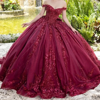 Robe de Bal Scintillante Rouge Foncé Épaules Dénudées, Vestido de 15 Años, Doux Seize, Bal de Promo, Princesse, Grandes Tailles, Fête d'Anniversaire, Robes de Quinceañera MQ681
