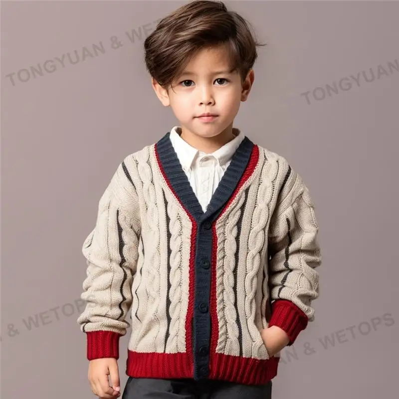 Cárdigan personalizado con diseño de rayas para niños, suéteres de uniforme escolar de algodón 100% con patrón Jacquard de punto de Mohair de gran tamaño