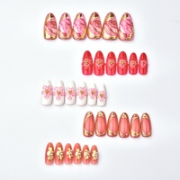 Lot de 30 faux ongles à presser, plaqués or, avec strass, motif marbré 3D effet dégradé, ciel étoilé et fleurs, rouge sophistiqué