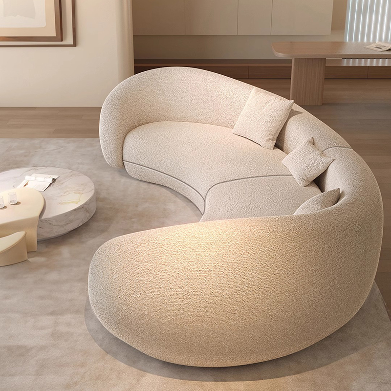 Modern Cream Semi-Circular Sofa – Designer Moon-Shaped Lamb Velvet Couch with Soft Sponge Filling for Living Room & Lounge - View 3