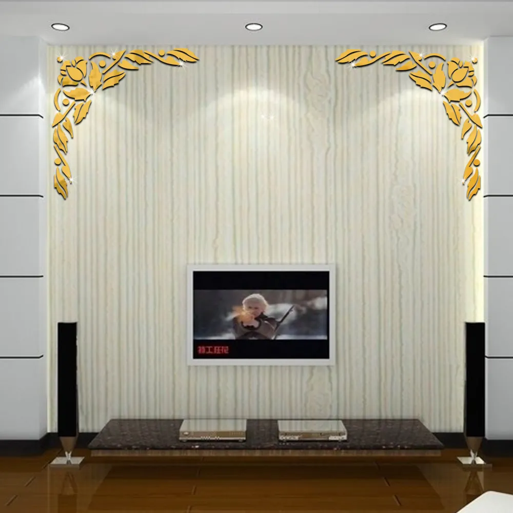 FUNLIFE Silver and Gold Ceiling Border Decoration Wall Decal Mirror Stickers Acrylic Wall Mirror 3D Diagonal Flower Sticker