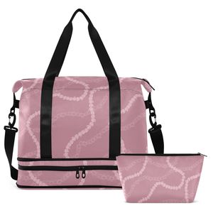Sac de voyage à bandoulière imprimé Hawaïen Pikake Lei rose avec compartiment humide, sac de sport 2 pièces avec compartiment à chaussures - Product Image 1