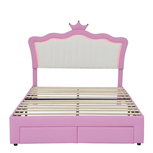 Upholstered <b>Bed</b> Frame with <b>LED</b> Lights & Crown Headboard Soft MDF Wood Includes a Drawer - Product Image 5