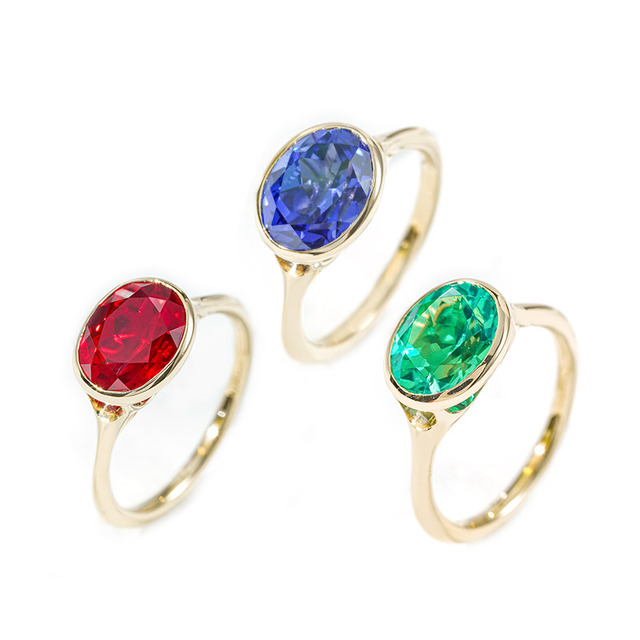 Solitaire Bezel Gemstone Ring 14k Yellow Gold 8*10mm Oval Cut Lab Ruby Sapphire Emerald Engagement Ring
