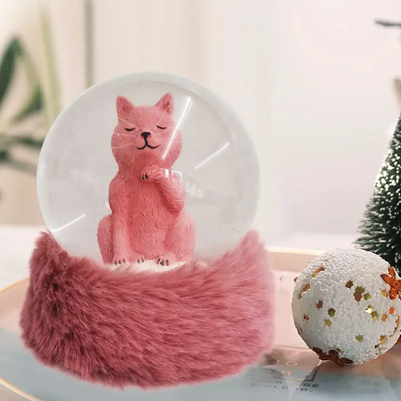 カスタマイズ可能なピンクバニースノーグローブパーソナライズされた樹脂モデルと毛皮ベースの素敵な動物猫ユニコーンギフト