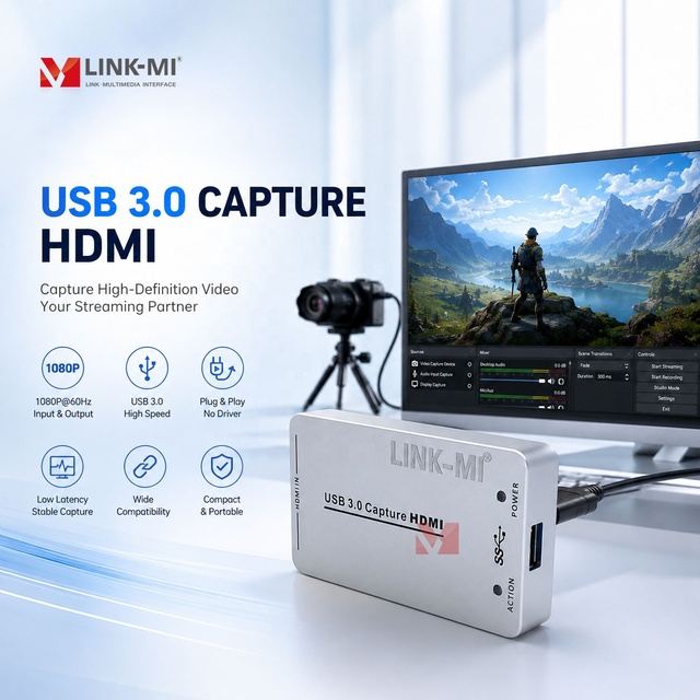 HDMI to USB3.0 Video Capture Card 1080P60 HDMI Capture Dongle for Live Streaming Recording Gaming