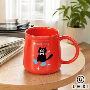 Mug à café en céramique rouge avec support en bois, motif chat noir de dessin animé, citation amusante, vaisselle pour la maison, le bureau, la cuisine, cadeau en gros - Product Image 1