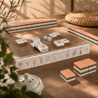 Set Mahjong Seni Crane dan Lotus dengan Ubin Berlapis Dua Warna dalam Nuansa Peach Hangat dan Hijau Tua untuk Hiburan dan Permainan di Rumah yang Penuh Seni