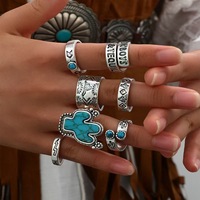 JZ039 Ensemble de bagues cactus turquoise occidental 7 pièces en gros | Bagues empilables vintage du sud-ouest Boho