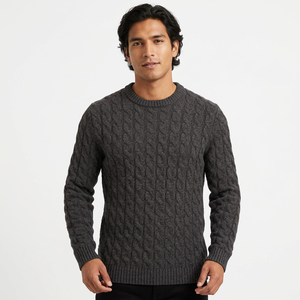 <b>Men</b> Breathable ODM <b>Cable</b> <b>Knit</b> <b>Sweater</b> Crew Neck Pullover Long Sleeve Standard Ribbed Edge Winter Wear 70% Recycled Cotton Solid - Product Image 1