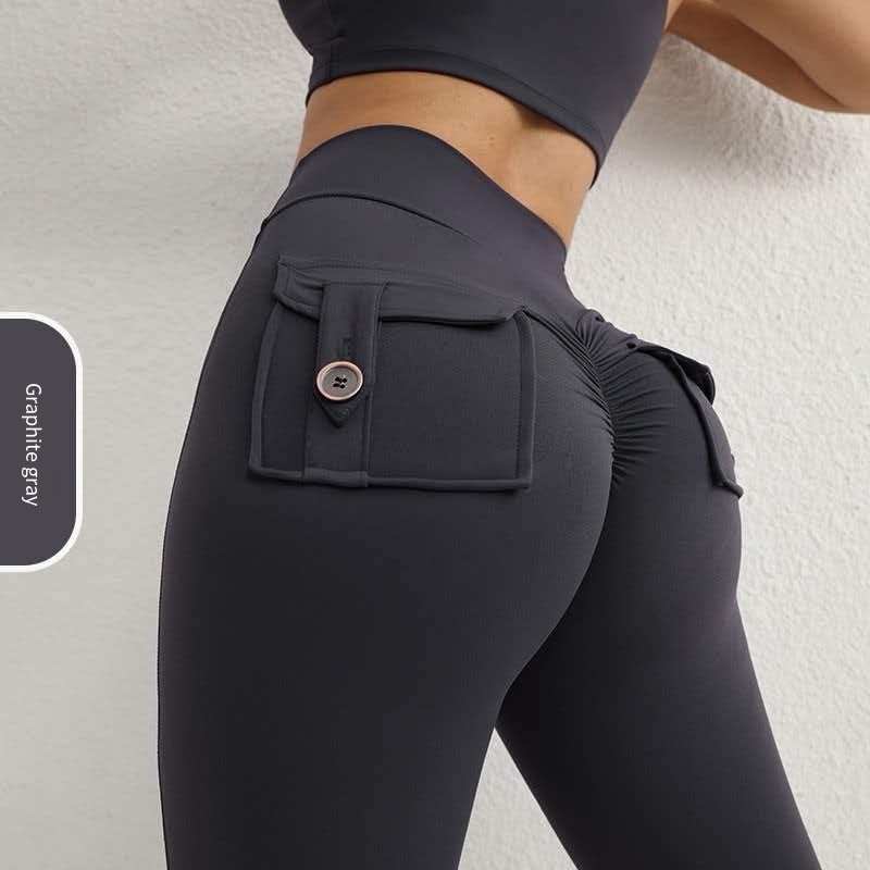 Tight-fitting Button High-waist Hip-lifting Yoga Pants for Women with Pockets, Peach Quick-dry Running and Fitness Pants
