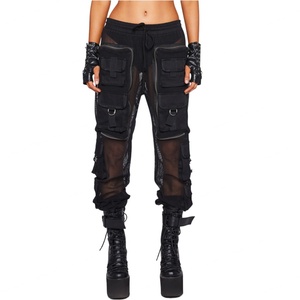 Pantalon cargo en maille filet pour femme, de haute qualité, avec poches à rabat et taille élastique, coupe ample - Product Image 1