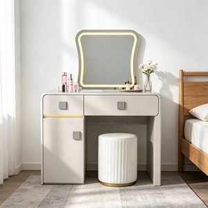 Coiffeuse moderne blanche avec miroir éclairé, tiroirs de rangement et armoire, table de maquillage pour chambre à coucher avec tabouret - Product Image 1