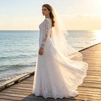 Robe de Mariée Longue à Manches en Dentelle, Forme Trapèze, Robe Nuptiale de Mariage