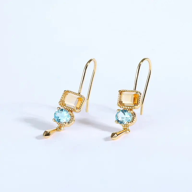 Fresh 925 Sterling Silver Gold Plated Dangle Yellow Crystal Blue Topaz Drop Hoop Earrings