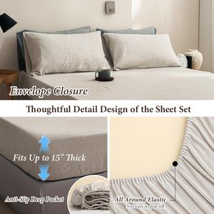 Set di 4 <span class=keywords><strong>Lenzuola</strong></span> King Size in Puro Lino <span class=keywords><strong>Francese</strong></span> 300TC Certificato OEKO-TEX, Morbide, Durevoli, Antistrappo e Traspiranti - Product Image 3