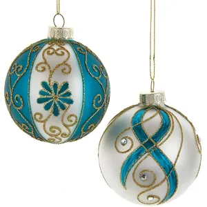 Factory Blown Hand Painted Glossy Shiny blue Hanging Christmas Bauble Glass Ball Ornaments Eco-friendly