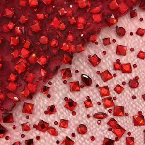 时尚热卖闪亮不规则水晶混合水钻薄纱面料不同形状宝石蕾丝面料 - Product Image 5