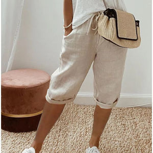 Short de plage en coton à la mode décontractée pour femmes taille haute élastique coupe ajustée avec motif chaud respirant - Product Image 1