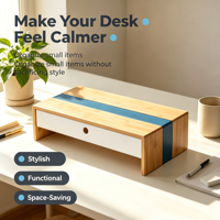 Support d'écran en bambou avec incrustation acrylique, organiseur de bureau multifonctionnel avec tiroir, support d'écran pour ordinateur portable pour la maison et le bureau