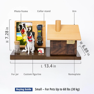 Hondenbeeldje met fotolijst, halsband, standaard, op maat gemaakte vachtvaas en messing naamplaatje - Product Image 6
