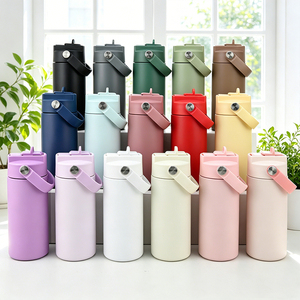 Custom Logo Aesthetic Stainless Steel Travel Cup 14oz Double Walled Vacuum <b>Bottle</b> with Handle & Dust-proof Straw Lid - Product Image 2