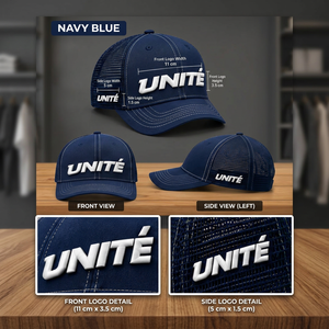 Casquette Trucker 6 Panneaux Bleu Marine Respirante avec Dos en Maille Imperméable et Broderie 3D Blanche Motif Lettres Logo Unite Unisexe Adulte - Product Image 3