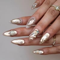 Faux ongles à presser en acrylique 3D gaufré, motif Papillon Rose Champagne, nacré nacré, forme amande, longs, pour séance photo de mariée