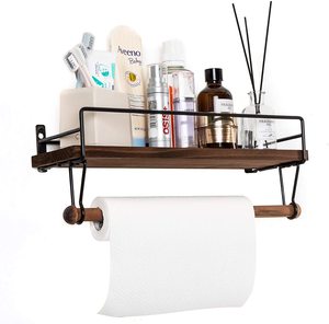 Solución de almacenamiento para baño y cocina, estante flotante de madera rústica con 8 ganchos, toallero extraíble montado en la pared, popular y asequible - Product Image 2