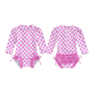 S0718 Conjunto de Natación Personalizado para Niña, Estampado a Cuadros Verde y Blanco, Ropa Infantil al por Mayor, Manga Larga - Product Image 4