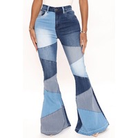 Nouvelle collection automne 2026 – Jean évasé taille haute en denim bleu color block pour femme, grande taille, extensible, patchwork, longueur complète, décontracté et chic