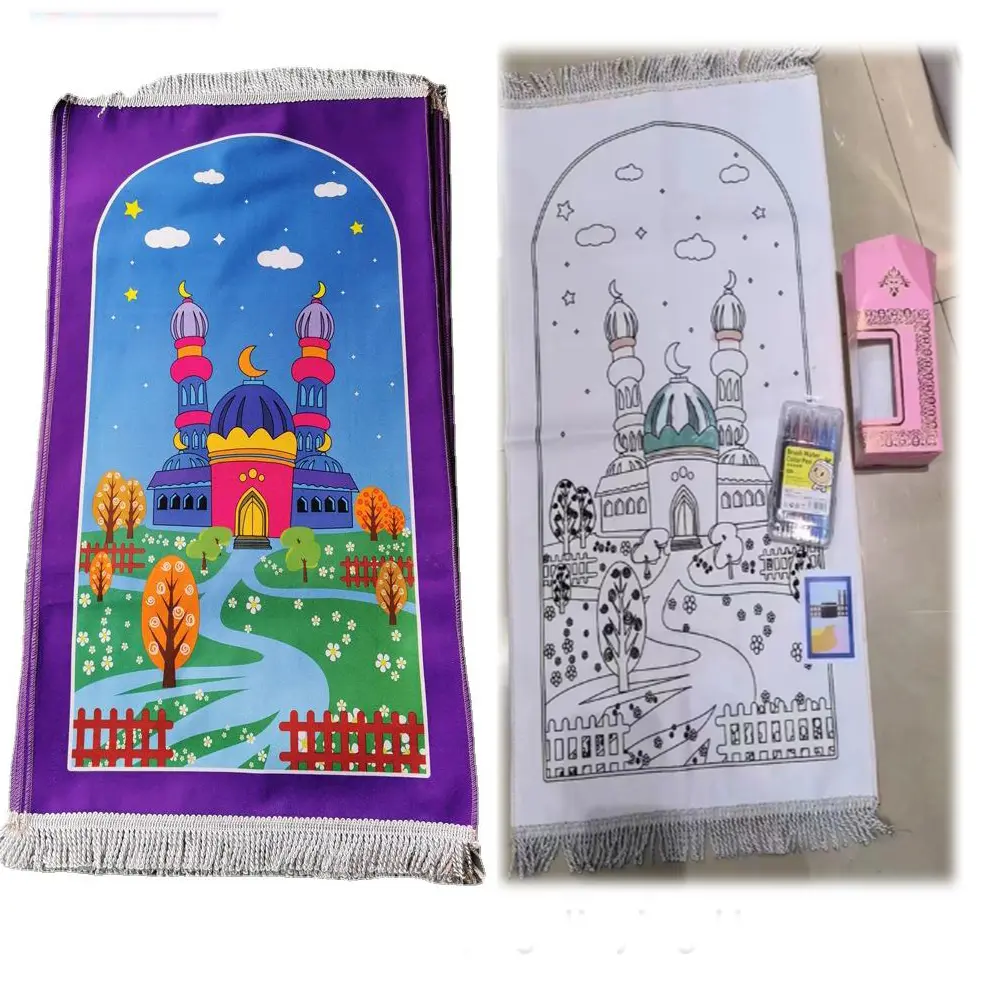 Islamic Educational Custom Coloring Kids Prayer Mat Tassel Prayer Mat Cartoon Printed Painting Mat Gift Set