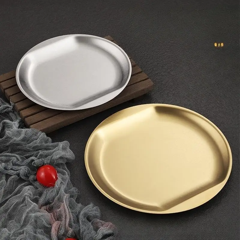 Direct to coffee shop with ears 304 stainless steel round tray Korean style thickened golden flat fruit snack plate