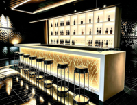 Comptoir de bar de forme allongée, mobilier de bar sur mesure, design de comptoir de bar personnalisé pour restaurant musical, hôtel, salon, bar à cocktails, bar à domicile