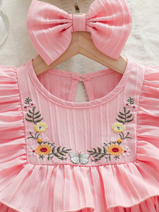 Vestito Estivo Rosa Traspirante per Bambina, Stampa Floreale Senza Maniche con Fiocco e Volant, <span class=keywords><strong>Dolce</strong></span> e Grazioso - Product Image 3