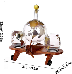 글로브 위스키 디켄터 세트 나무 비행기 스탠드 1000ML 무연 크리스탈 클래식 디자인 여행 위스키를위한 수제 독특한 선물 - Product Image 3