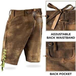 Lederhosen authentiques pour hommes, shorts en cuir véritable, tenues d'Oktoberfest, vêtements traditionnels allemands, longueur courte, avec logo brodé sur le devant - Product Image 3
