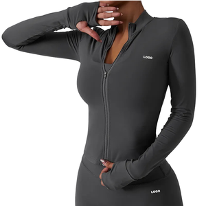 Veste de sport pour femme, coupe ajustée, effet seconde peau, zippée, respirante, séchage rapide, manches longues, couleur unie, en nylon et élasthanne - Product Image 1