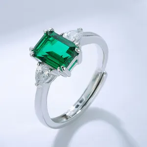 Anéis 925 prata esterlina, joelheiras retangulares com 1 carat esmeralda, verde esmeralda, diamantes