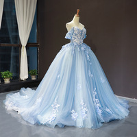 Nouvelle Robe de Bal Classique Princesse Épaules Dénudées avec Appliques en Dentelle et Petite Traîne, Taille Personnalisée, Robes de Quinceañera Bleues