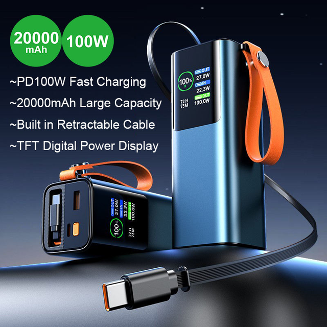 20000mah Large Capacity Power Bank PD100W Fast Charging Portable Phone Charger Built in Cable Lanyard TFT Power Display PD24
