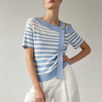 T-shirt en tricot élégant pour femmes de bureau Tyan, col épaules dénudées, détail épingle en cristal, rayé et couleur unie, tee-shirt d'été en tricot