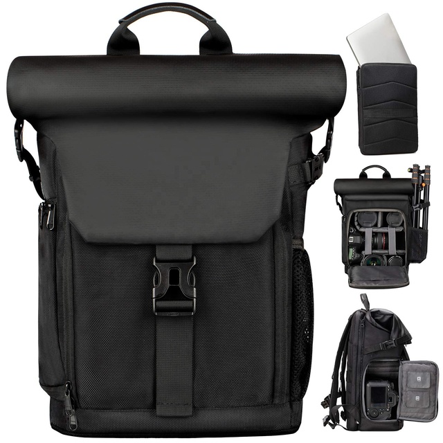 Large Waterproof Man Professional Photography Rolltop Digital Gear Video Backpack Travel Dslr Camera Bag with Laptop Sleeve