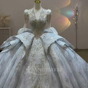 Robe de mariée de bal JJ121, magnifique, bleu, col en V, broderie florale en cristal, manches longues - Product Image 3