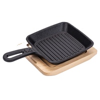 Wajan Panggang Steak Besi Cor Enamel untuk Memasak di Dapur atau Berkemah, Wajan Besi Cor Persegi, Wajan Panggang Anti Lengket dengan Nampan Kayu