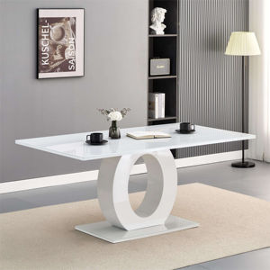 Mesa de comedor de vidrio templado de alto brillo moderno, juego de 6 sillas, venta al por mayor, mesa rectangular pintada en negro de MDF, cena con Base circular - Product Image 5
