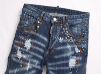 Celana Jeans Denim Pria Biru Lurus Pinggang Sedang, Model Ripped Bordir Tengkorak Huruf, 100% Katun, Gaya Hip Hop, Fashion High Street