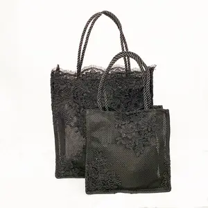 Reusable Sophisticated Vintage Black Lace wedding party evening dress bohemia lady lace net handbag
