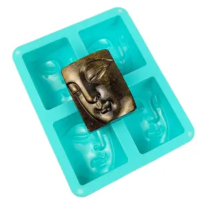 Molde de silicone para rosto de Buda, retângulo com 4 cavidades, para decoração de cupcake e cubos de gelo, recipiente de silicone para fazer você mesmo, recipiente de silicone para cubos de chocolate e gelatina